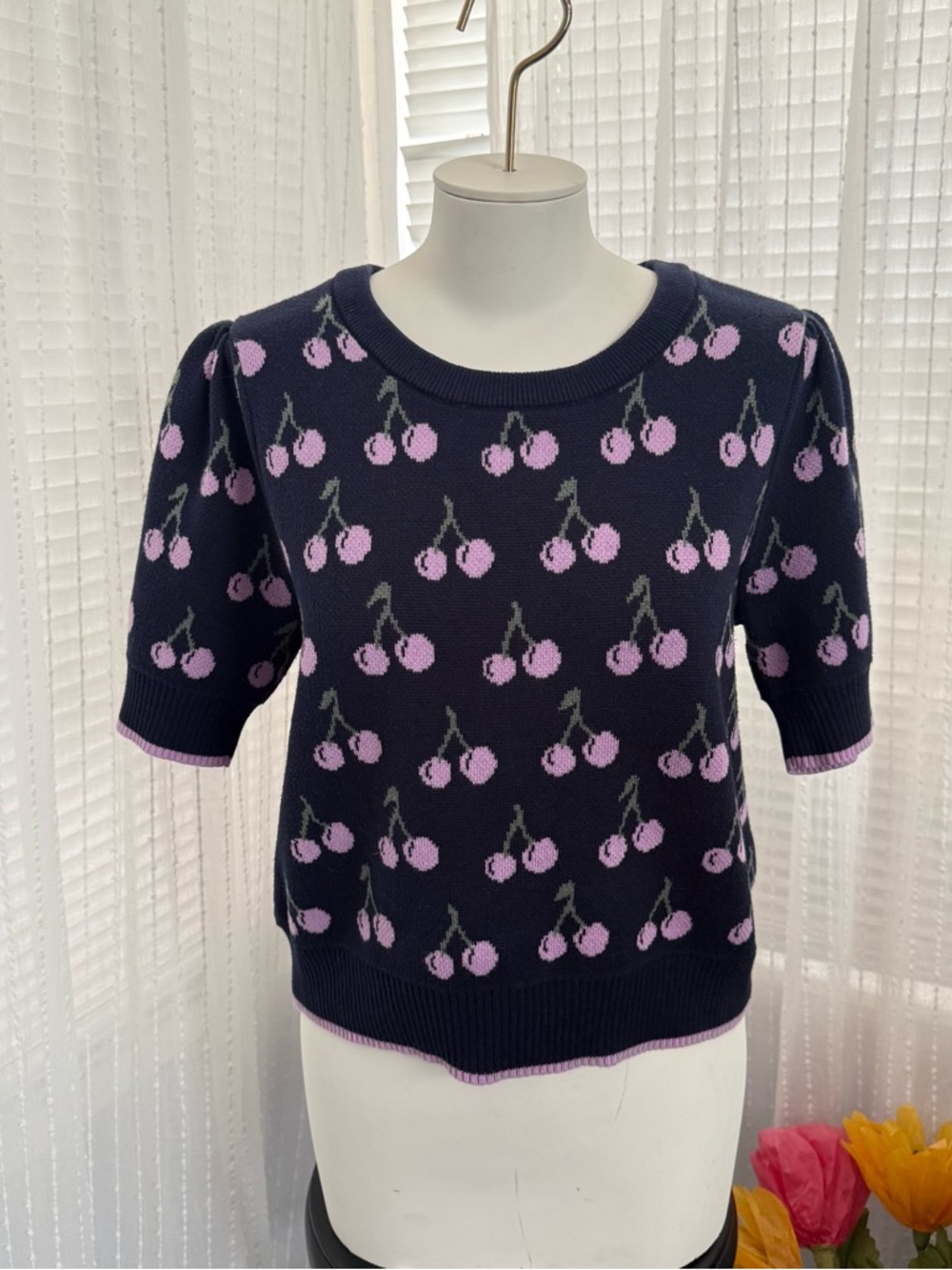 Navy Crewneck Sweater with Pink Cherry Motif Size M